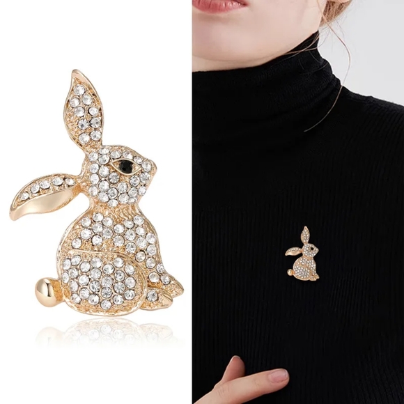 Lovely Rhinestone Rabbit Gold Brooch 2 1/4" - Picture 2 of 10